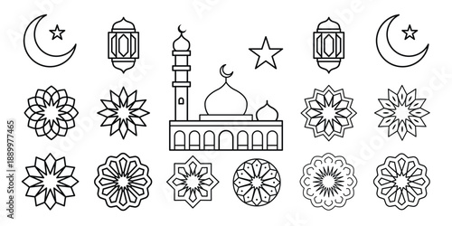 Islamic ramadan eid al fitr mosque crescent star lantern symbol set
