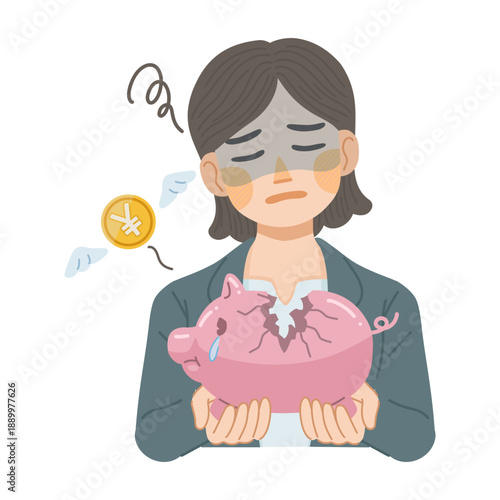 割れた豚の貯金箱から、お金が減っていく事を悲しむスーツ姿の女性のイラスト