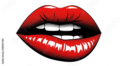 Bold Red Lips with Halftone Effect, Pop Art Style, Expressive Mouth Open, Biting Lip