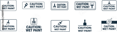 set of monochrome caution wet paint signs and icons isolated