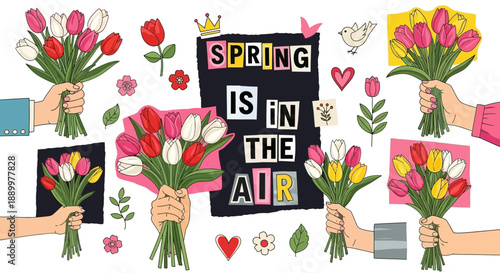 Spring Tulips Bouquet Collage with "Spring is in the Air" Text