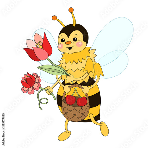 Beautiful bee carries red flowers and basket of ripe cherries.
