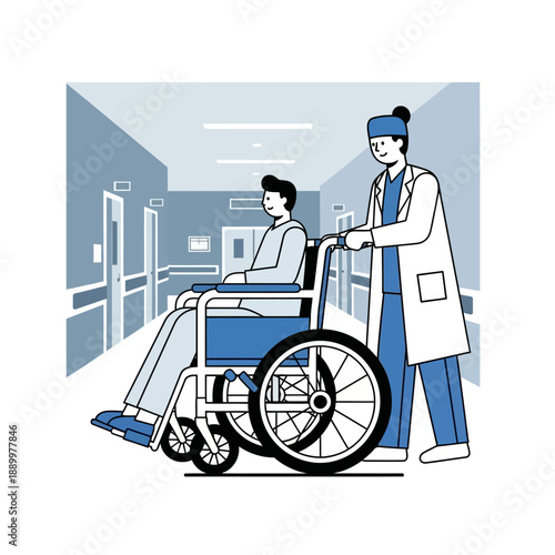 Medical professional assists patient in wheelchair in hospital corridor