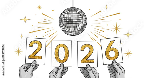 Happy New Year 2026 Celebration with Disco Ball and Sparkles