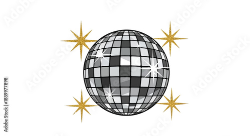 Retro Disco Ball with Sparkling Golden Stars on White Background