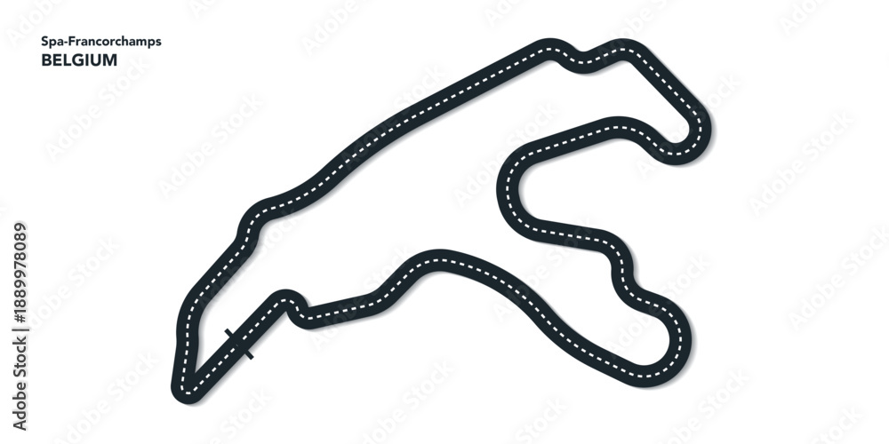 Fototapeta premium F1 Belgium Grand Prix, Spa-Francorchamps Circuit Vector for moto, autosport, Wavy road with curves and speed path. Top view of race track. vector illustration isolated transparent background. 