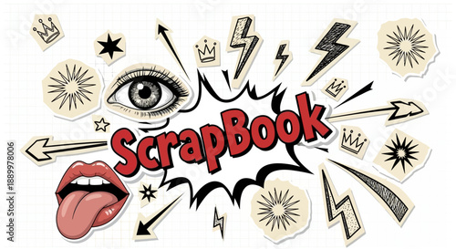 Retro Scrapbook Elements Collection: Eyes, Lips, Lightning, Crowns, and Arrows