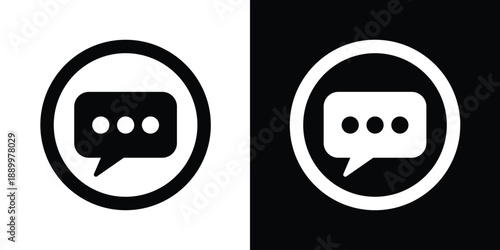 Chat bubble with three dots icon in circular frame. Communication, message, and typing indicator symbol for user interface design. Minimalist flat vector style in black and white versions.