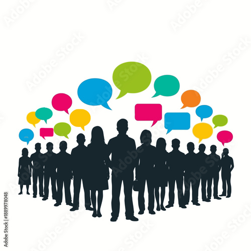 Silhouettes of diverse people connected by colorful speech bubbles representing communication and discussion