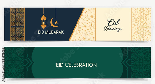 Elegant eid mubarak and eid celebration banners with islamic geometric patterns crescent moon lantern and festive