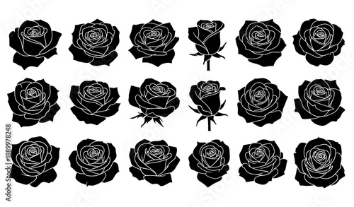 Elegant Black Rose Flower Silhouettes in Grid Vector Set