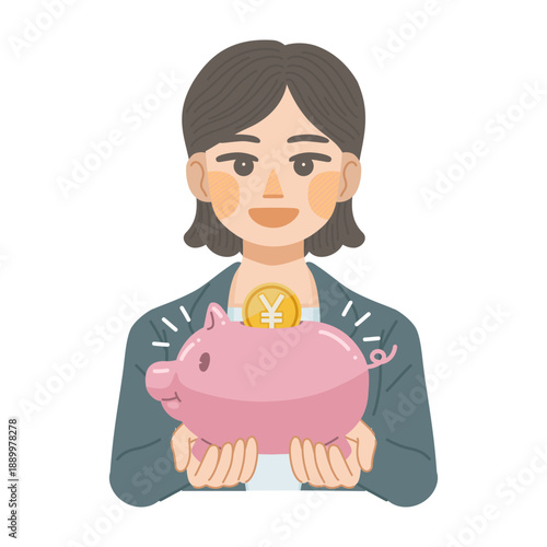 豚の貯金箱を笑顔で持つ、スーツ姿の女性のイラスト