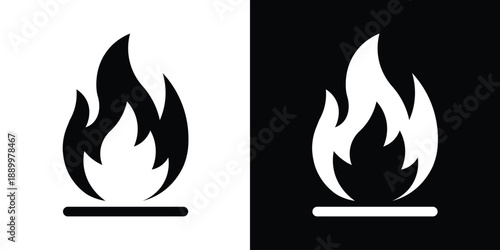 Fire flame icon symbol in black and white styles. Vector illustration representing heat, burn, flammable, or hot trends. Minimalist graphic for safety labels, heating, or creative design.