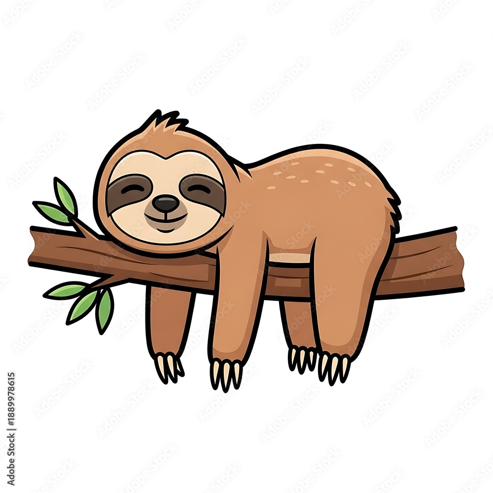 Fototapeta premium Cartoon Sloth Sleeping on Tree Branch.