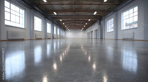 Wallpaper Mural Vast empty industrial hall interior with large bright and a gleaming polished concrete floor reflecting overhead lighting Torontodigital.ca