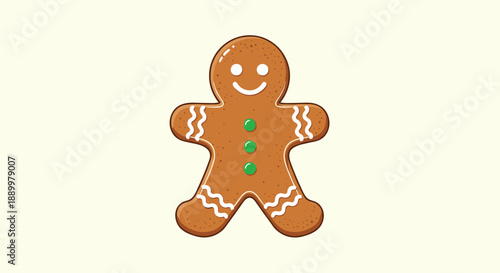 Festive gingerbread man cookie with a happy smiling face, white icing decorations, and three green buttons, isolated on a light cream background.
