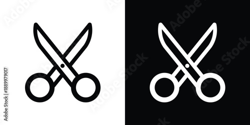 Vector scissors icon set in flat black and white styles. Minimalist design for tailoring, haircutting, craft, and editing tools. Isolated professional symbol for UI/UX and web design.