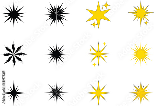 Collection of dynamic black and vibrant yellow starburst graphics, featuring sharp points and sparkling effects. Great for conveying energy, awards, or a sense of magic.