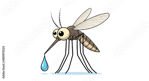 Humorous cartoon style illustration of a mosquito with large bulging eyes and a single drop of blue liquid hanging from its long sharp proboscis.