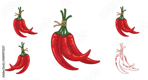 Composition showing several bunches of red chili peppers in different sizes and styles, including a black and white line art version for versatility.
