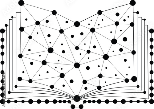 Abstract open book with connected nodes representing digital knowledge learning network illustration design for education technology science data visualization concept