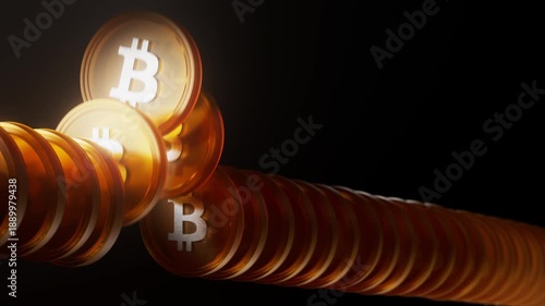 3D bitcoin coin activation loop animation. Golden transparent crypto coins in array line jumping up on black background. Futuristic blockchain network digital finance concept, seamless loop CGI render