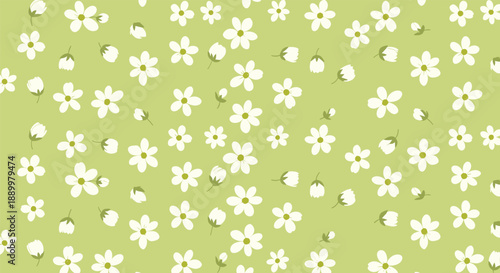 Delicate and simple floral pattern with small white flowers and green leaves scattered across a light olive green background, creating a calm mood.