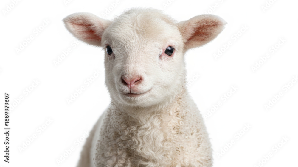 Fototapeta premium Adorable White Lamb Portrait With Soft Wool, Cute Farm Animal Close-Up in Studio Lighting