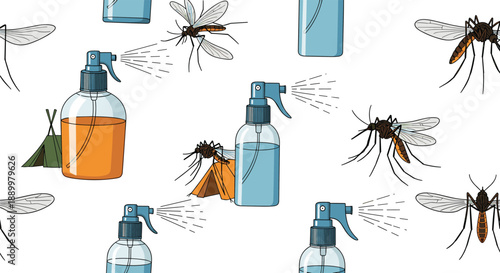Protection from insects seamless pattern featuring mosquitoes and repellent spray bottles on a white background for camping gear.