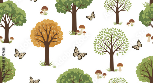 Charming autumn forest pattern with various green and orange trees, falling leaves, butterflies, and mushrooms on a clean white background for seasonal use.