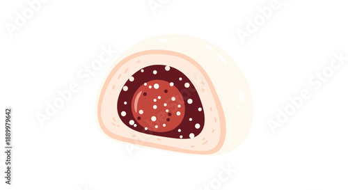 Delicious japanese strawberry daifuku mochi cut in half revealing fresh red fruit and sweet bean paste on a white background.