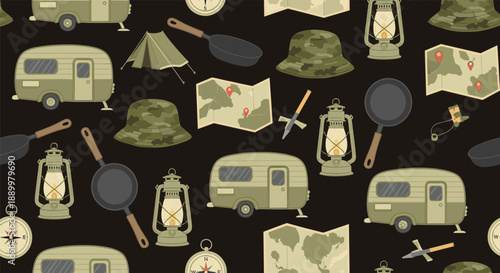 Camping equipment seamless pattern including caravans, tents, lanterns, and maps on a dark background for outdoor adventure.