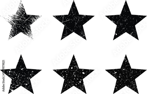 Six distressed black star shapes with a grunge texture, perfect for adding a vintage or rugged feel to designs.