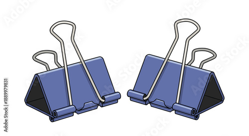 Symmetrical pair of blue metal binder clips for office organization and stationery supplies isolated on a clean white background.