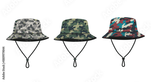 Set of three camouflage bucket hats in different colors and army patterns with chin straps for outdoor sun protection and hiking.