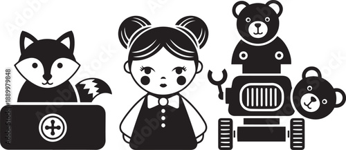 Black and white of a fox in a box a girl with buns and a robot bear fox girl robot bear toy animal character black and white