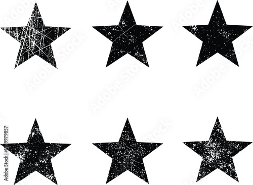 A set of six scratched black star icons with a worn, textured appearance, conveying a sense of history or urban style.