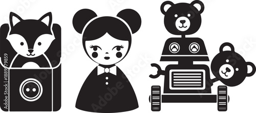 A fun vector illustration set of funny cartoon robots and characters featuring a business person, a boy, and a Halloween design in black and white art for kids