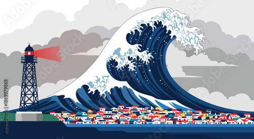Massive Wave Threatening Coastal City in Vector Illustration Art, Lighthouse Guiding Ships Safely