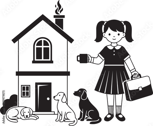 Black and white of a girl with two dogs and a house cartoon