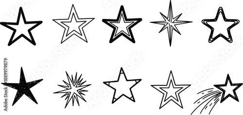 A diverse set of black and white hand-drawn star graphics, featuring different styles and a shooting star element.