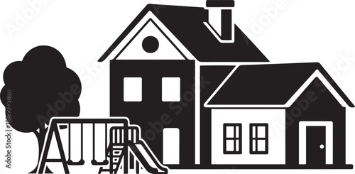 Black and white of a house with a swing set and slide home building residential architecture