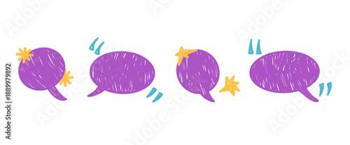Crayon speech bubbles and stars, quotation marks shapes. Abstract irregular pastel pencil dialogue figures. Chalk texture freeform text box elements. Vector callout design set isolated no background.