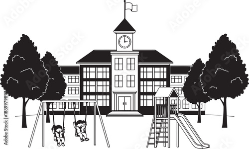 Black and white of a school building with a playground and children swing