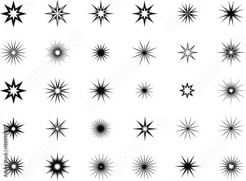 Diverse assortment of 30 sharp and radiant starbursts and star shapes in black and white, perfect for adding flair to designs.
