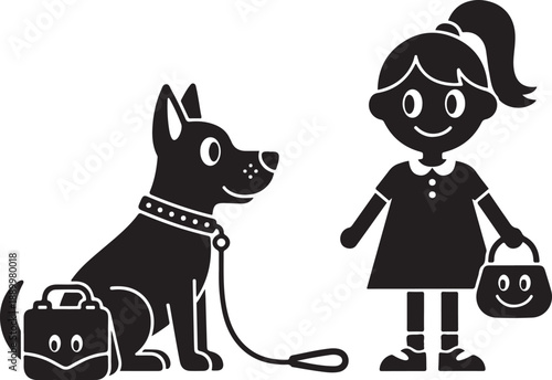 Black silhouette of a girl with a ponytail and a smiling dog with a leash and bags animal