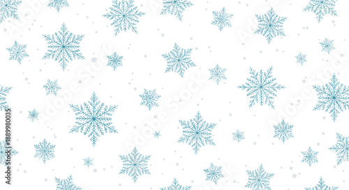 Winter themed seamless pattern featuring intricate blue snowflakes and falling snow dots on a white background for holiday gift wrap.
