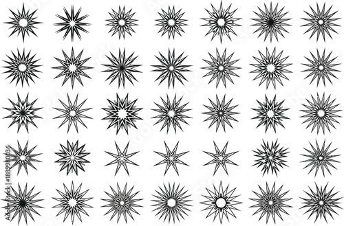 Large set of 36 intricate starburst and star icons in black, detailed with sharp points, ideal for impactful design elements.