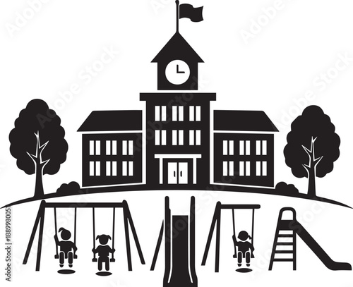 Black and white silhouette of a school building with a playground and children swings slide