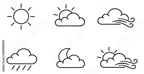 Minimalist line art weather icons set featuring sun, moon, clouds, wind, and rain for weather forecasting and applications